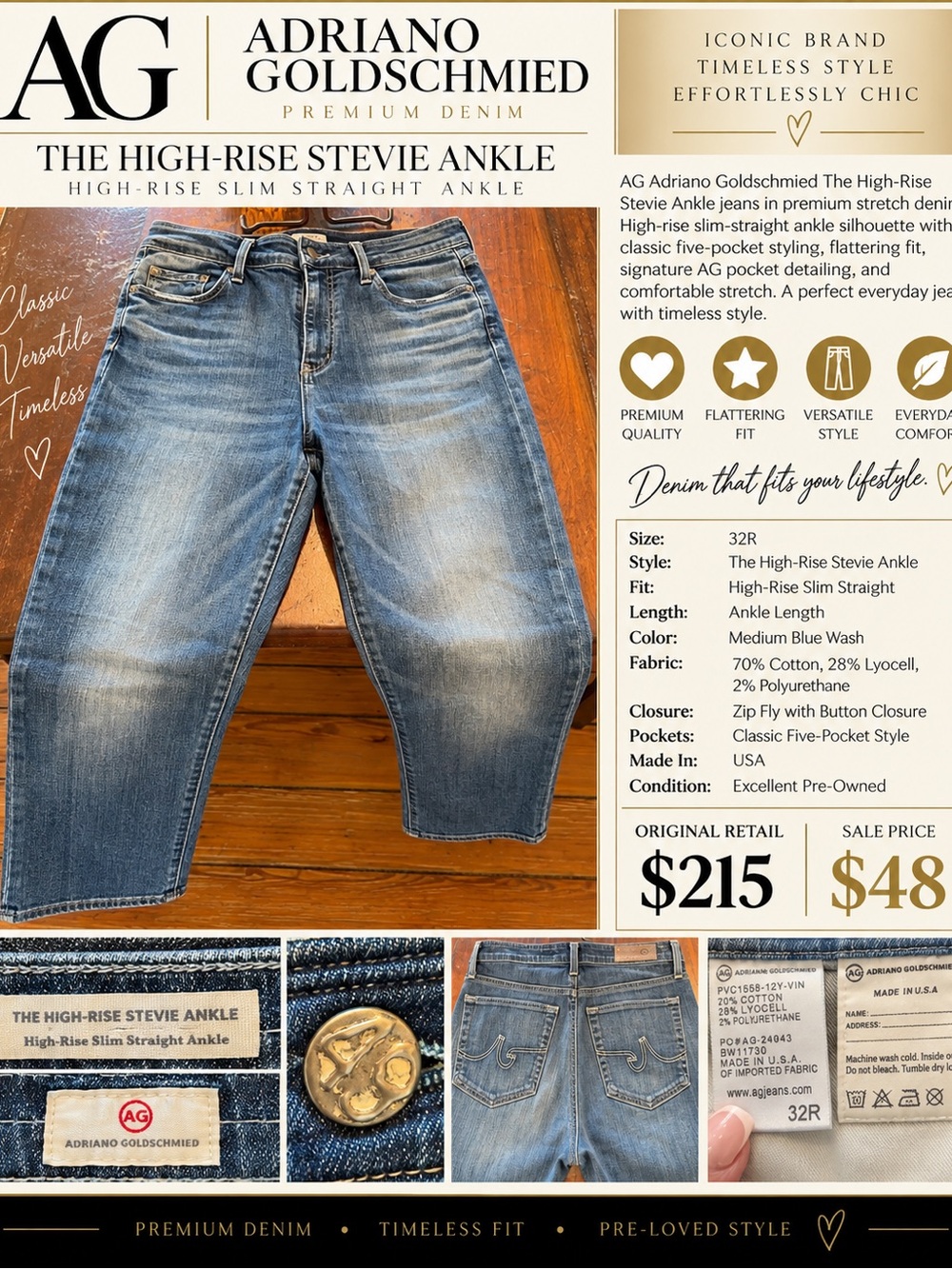 AG Adriano Goldschmied The High-Rise Stevie Ankle Jeans – Size 32R